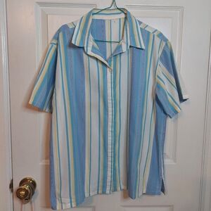 Vintage Blue Yellow Vertical Striped 1/4 Button Bowling Shirt Retro 80s Sz L